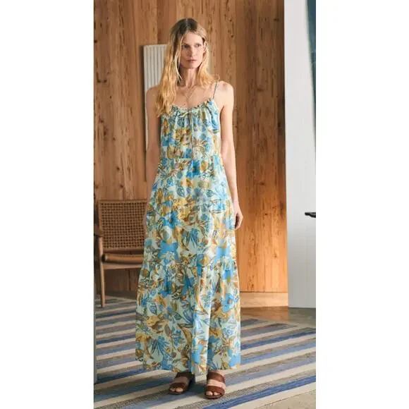 Faherty Sun Chaser Maxi Floral Tier Dress | sz M, Paradise Blossom Blue NEW $328 - Picture 4 of 6